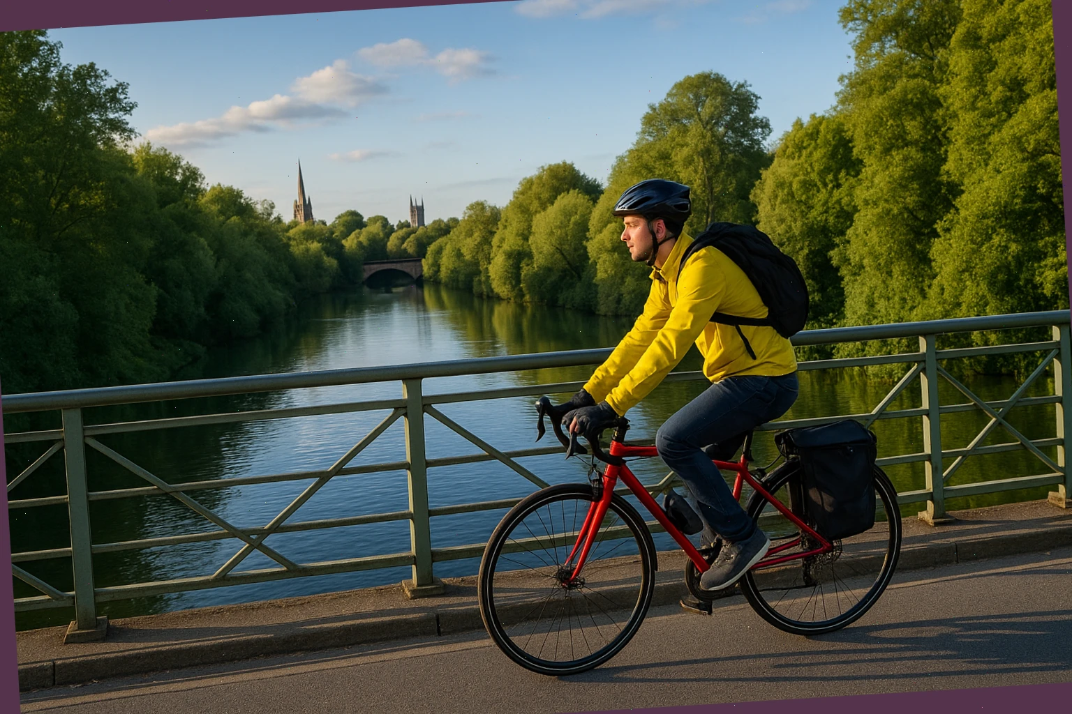 Cyclist on Hythe Bridge crossing with river view in Oxford