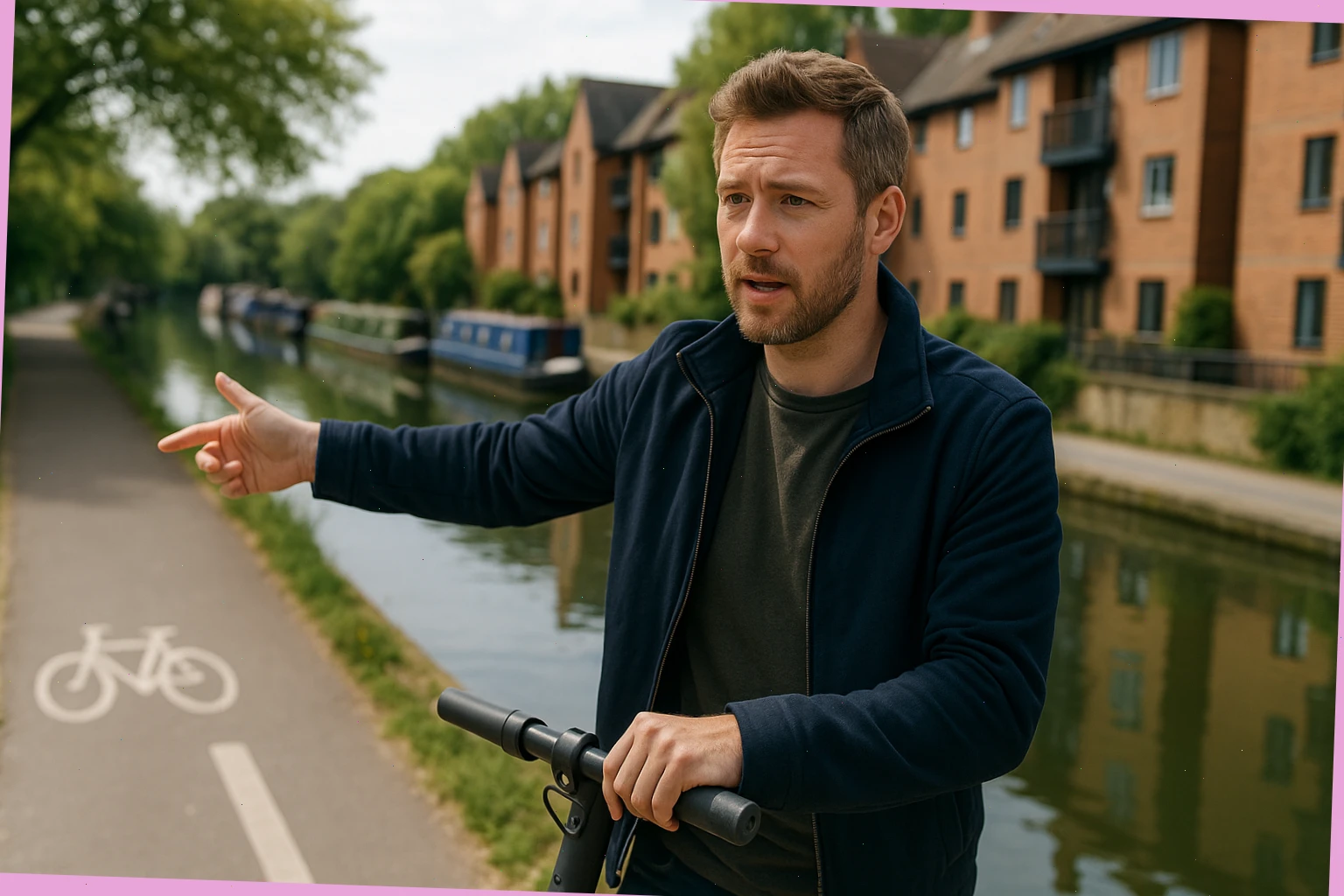 Micromobility advisor explaining safe lane merges by the canal
